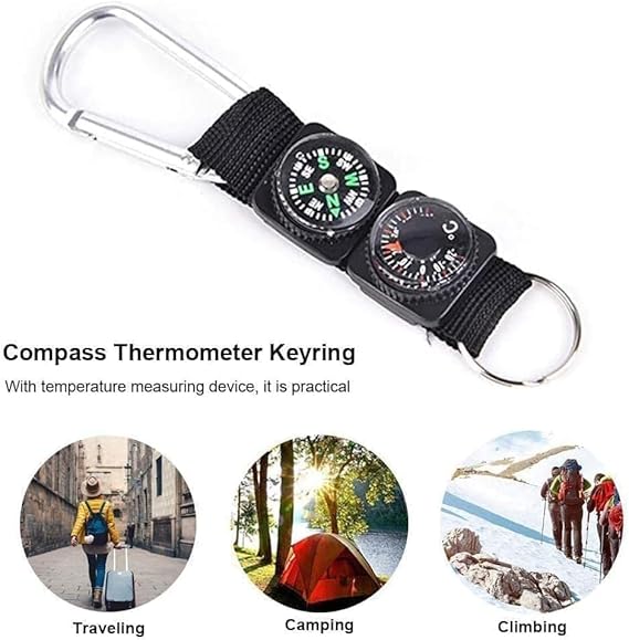 Black Carabiner Key Chain Compass Thermometer Metal Camping Outdoor Gadgets Hiking Survival to Multifunctional Mountaineering Sports Outdoor Recreation Accessories