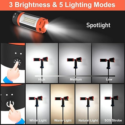 Waterproof Camping Light with Tripod, 9000mAh 3500LM USB Rechargeable LED Work Light, Portable Magnetic Lanterns & Power Bank,Dimmable 3000/4000/6500 for Garage, Hiking, Workshop, Filming, Tent