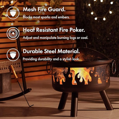 Fire Pit – Firepit for Outdoor, Garden, Patio – Portable & Lightweight with Flame Design, Black Bronzed Steel, Fire Poker & Mesh Guard Included, Carry Handles – Use Wood or Charcoal to Fuel