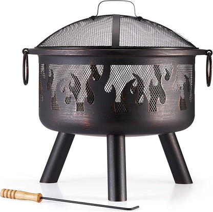 Fire Pit – Firepit for Outdoor, Garden, Patio – Portable & Lightweight with Flame Design, Black Bronzed Steel, Fire Poker & Mesh Guard Included, Carry Handles – Use Wood or Charcoal to Fuel