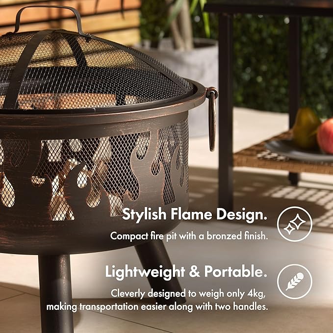Fire Pit – Firepit for Outdoor, Garden, Patio – Portable & Lightweight with Flame Design, Black Bronzed Steel, Fire Poker & Mesh Guard Included, Carry Handles – Use Wood or Charcoal to Fuel