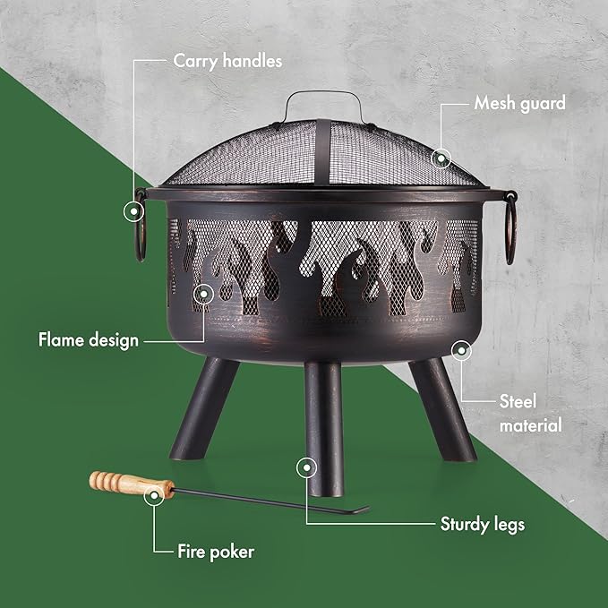 Fire Pit – Firepit for Outdoor, Garden, Patio – Portable & Lightweight with Flame Design, Black Bronzed Steel, Fire Poker & Mesh Guard Included, Carry Handles – Use Wood or Charcoal to Fuel