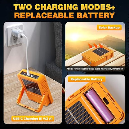 Rechargeable LED Work Light USB-C, Camping Light, Emergency Power-Cut Lighting,IP65 Waterproof, Solar Charging, 5Modes Stepless Dimming, 180° Handle with Hook— Khaki (12 * 9 * 2.5cm) [Energy Class F]
