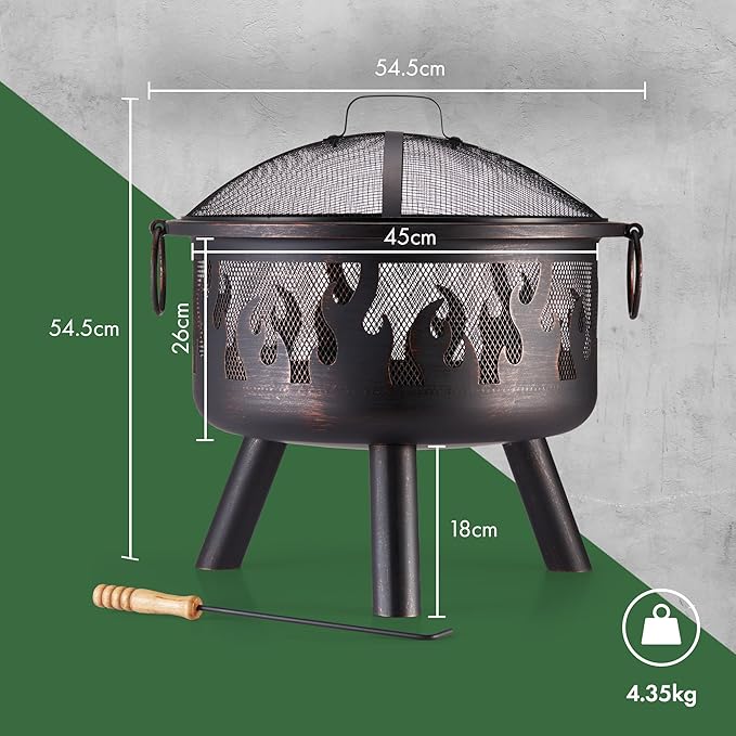 Fire Pit – Firepit for Outdoor, Garden, Patio – Portable & Lightweight with Flame Design, Black Bronzed Steel, Fire Poker & Mesh Guard Included, Carry Handles – Use Wood or Charcoal to Fuel