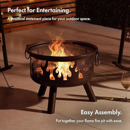Fire Pit – Firepit for Outdoor, Garden, Patio – Portable & Lightweight with Flame Design, Black Bronzed Steel, Fire Poker & Mesh Guard Included, Carry Handles – Use Wood or Charcoal to Fuel