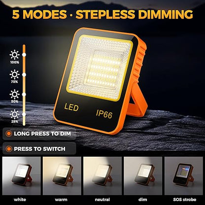 Rechargeable LED Work Light USB-C, Camping Light, Emergency Power-Cut Lighting,IP65 Waterproof, Solar Charging, 5Modes Stepless Dimming, 180° Handle with Hook— Khaki (12 * 9 * 2.5cm) [Energy Class F]