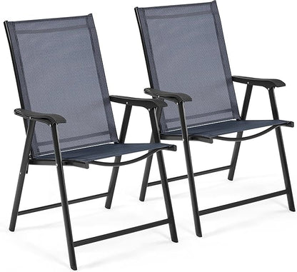 Outdoor Folding Garden Chairs Set of 2 with High Back, Outdoor Patio Dining Chairs 2-Pack with Steel Frame for Garden, Lawn, Yard, Beach, Navy Blue
